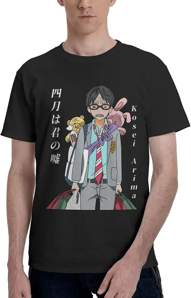 Anime T Shirts Your Lie in April Man's Summer Cotton Tee Crew Neck Short Sleeve Tees Black