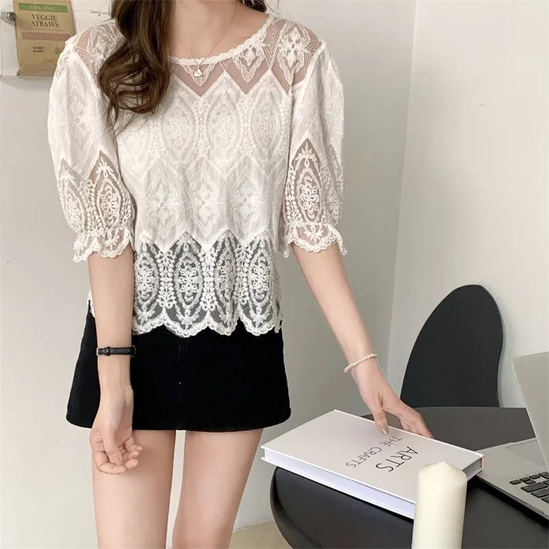 

Ele Lace Hollow out Long Sve round Ne Chiffon irt Loose Early Spring Slimming Top Women Sweet Sle Pure Color