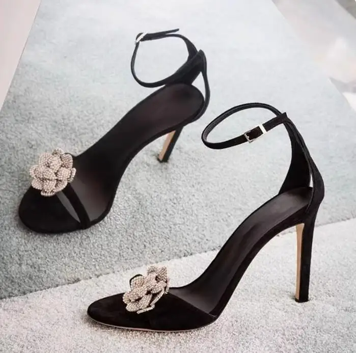 Bling Silver Rhinestone Flower Strap Peep Toe Sandals Woman Back Hollow Double Strap 7/9 cm High Heels Flower Summer Shoes