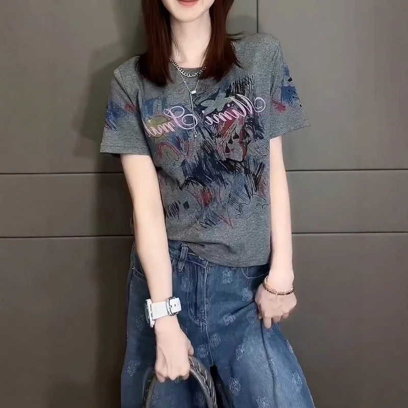 Casual shoulder printed short sleeved T-shirt for women's summer 2025 hot item slimming loose super good-looking top