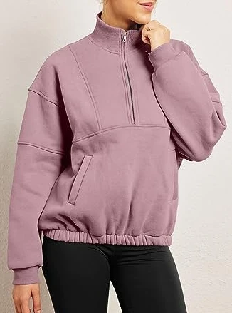 Woman Sweatshirts 2023 Autumn Zipper Pocket Design Stand Collar Long Sleeve Casual Solid Color Daily Crop Pullover Sweatshirt