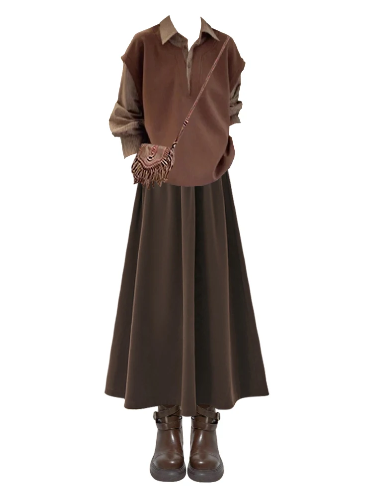 홍콩 슬레 레트로 컬러 블록 니트 탑과 커피 스커트 세트 겨울 신상품 슬림 효과 바디 스커트 세트