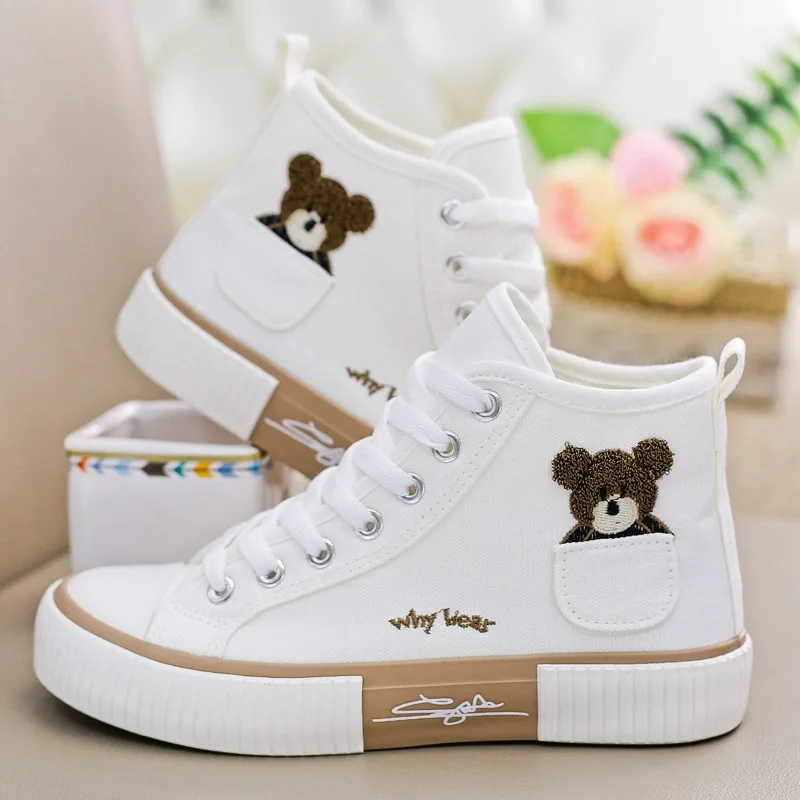 New 2024 Women\'s Shoes Summer Canvas Shoes Women Little Bear High Gang Lace Up Running Flats Shoes Women Comfort Casual Sneakers