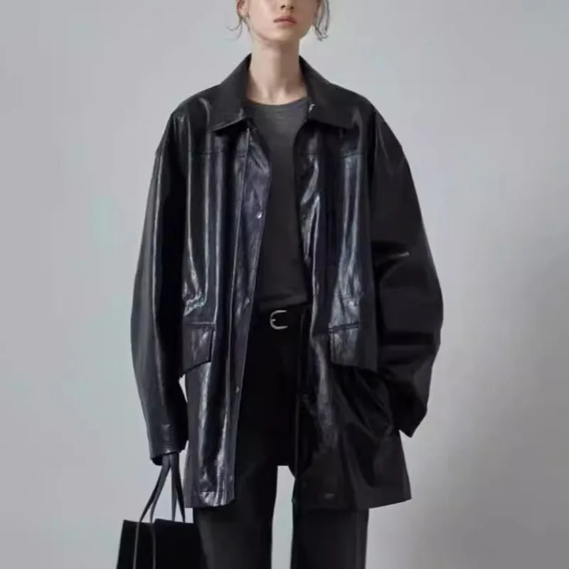 HKSH Frühling Herbst Neue Wome Jacke Faux Leder drehen-unten Kragen Einreiher Punk Streetwear Trendy Mid-Länge Mantel HK11368