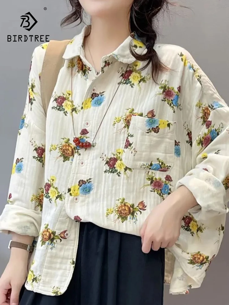 

New Summer Cotton Yarn Long Sleeve Shirt, Women Lapel Floral Tops, Mori Girl OL Sweet Literature Loose Blouses, Autumn T47744QC