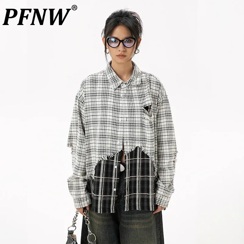 

PFNW Men's 2024 Autumn New Vintage Spliced Plaid Shirt Hole Lapel Design Streetwear Trendy Hip Hop Male Casual Tops 28W4887