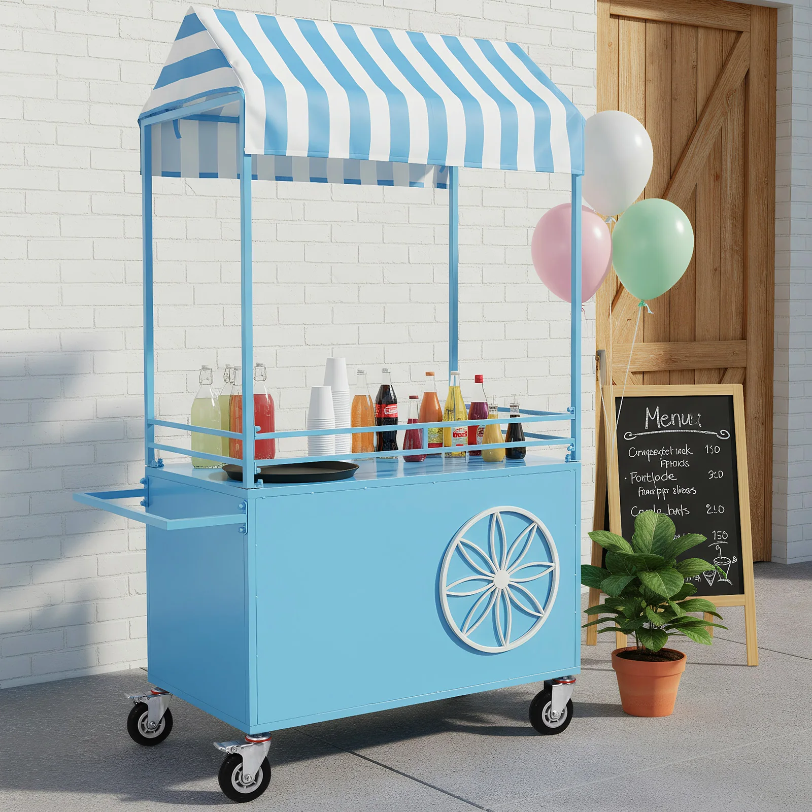 

Торговая тележка-киоск с запирающимися колесами и навесом для выставок, фестивалей и мероприятий