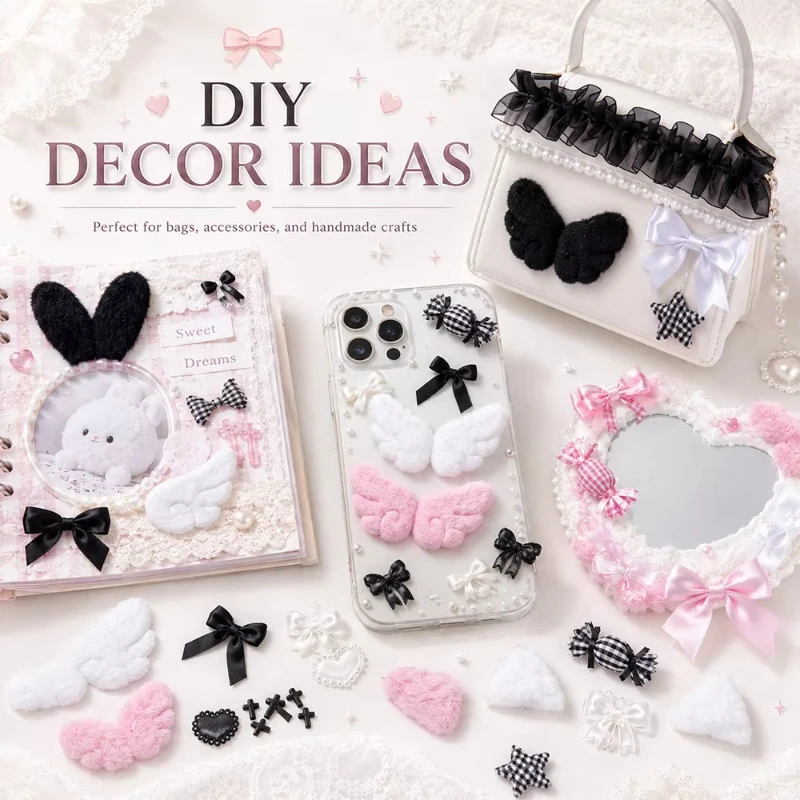 Sweet Lace Ribbon Bow DIY Decor Kit, Angel Wing Bunny Ear Ornaments, Lolita Ita‑bag Accessories, Badge Bags Handmade Decoration