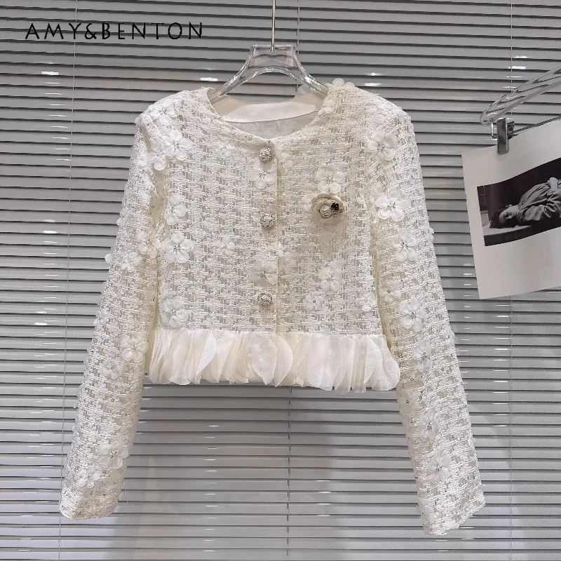 

White Floral Tweed Women's Jacket 2025 Fashion Ruffle Hem Coat Long Sleeve Pearl Button Elegant Wedding Party Jackets Ladies