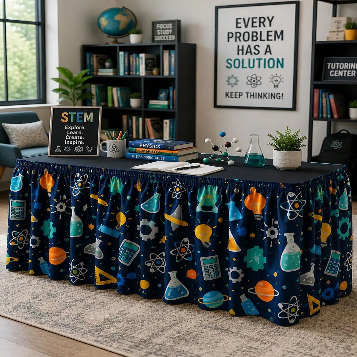 1PC send a tablecloth, table skirt, science STEM theme table skirt, technology exploration style tablecloth table skirt