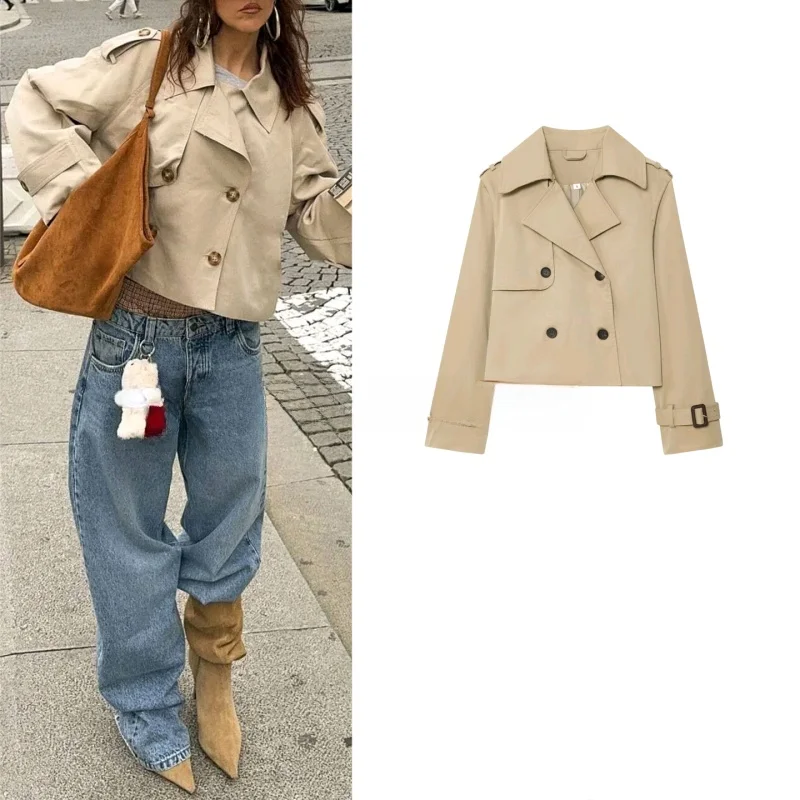 

Осенняя новинка: женское повседневное двубортное пальто с воротником и длинными рукавами, укороченная куртка, верхняя одежда в британском стиле из полиэстера