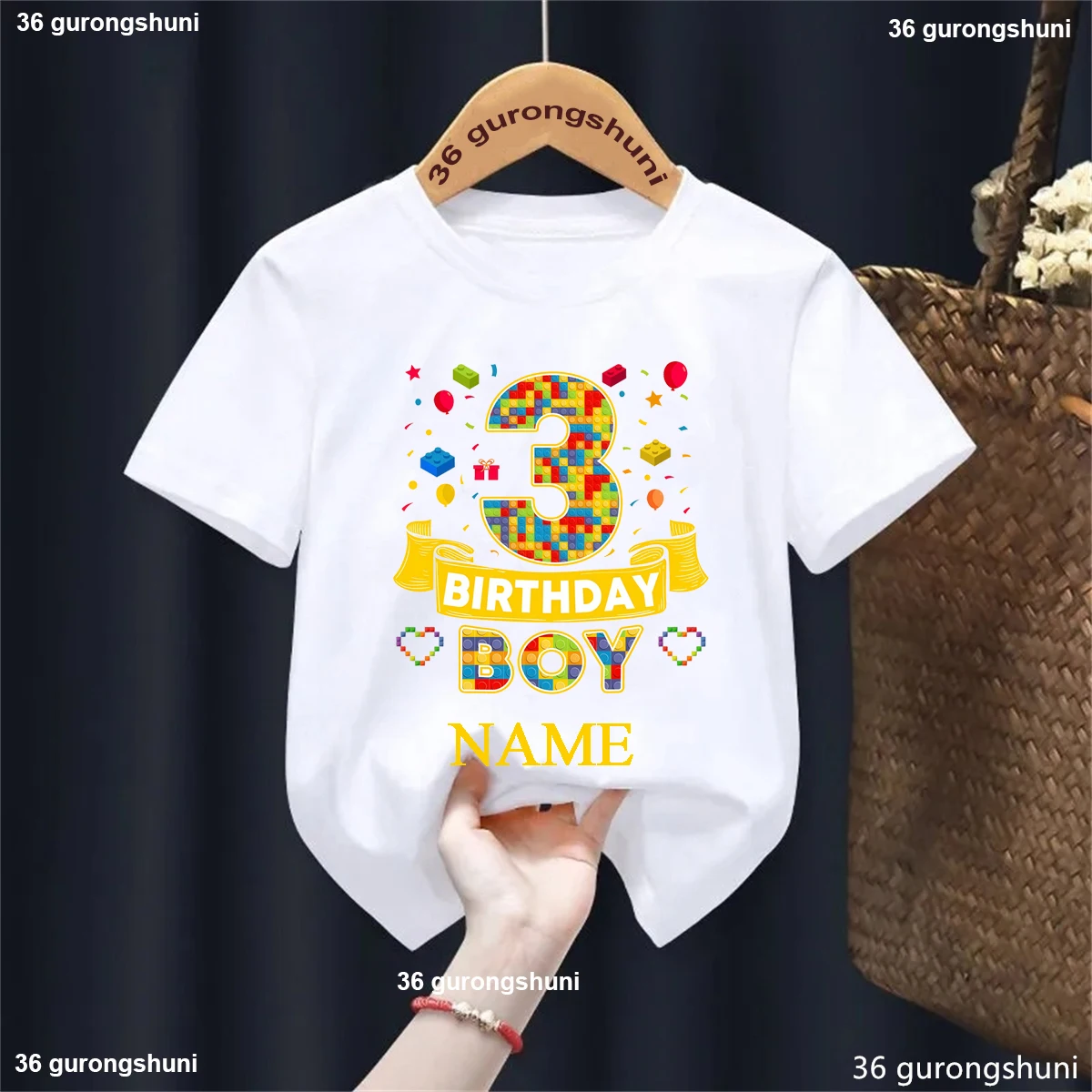 Nouveau T-shirt d'anniversaire pour garçon avec blocs de construction, tenue d'anniversaire personnalisée avec nom et jeu de briques pour enfants, hauts T-shirt d'été à manches courtes