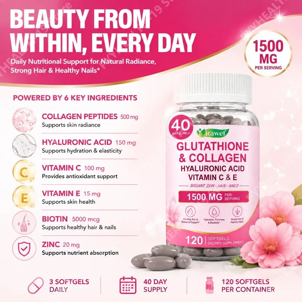 Itawel Collagen Glutathione Softgels Hyaluronic Acid Vitamins C E For Skin Hair Nails Radiance & Beauty Support Adult 120 Count