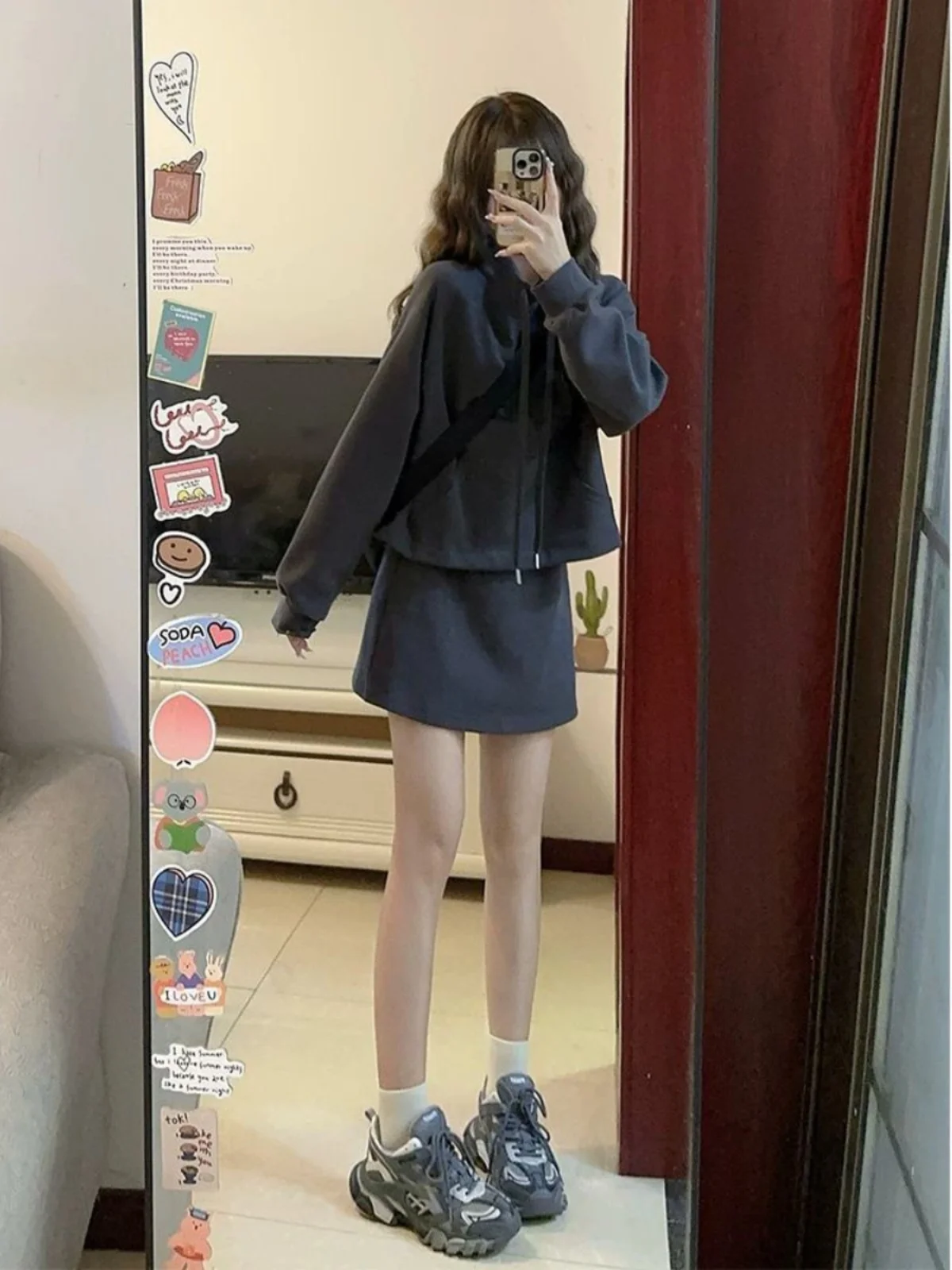 

American Retro Grey Stand Collar Zipper Short Sweatshirt Half Skirt Two Piece Set Sport Outerwear Open Cardigan Coat