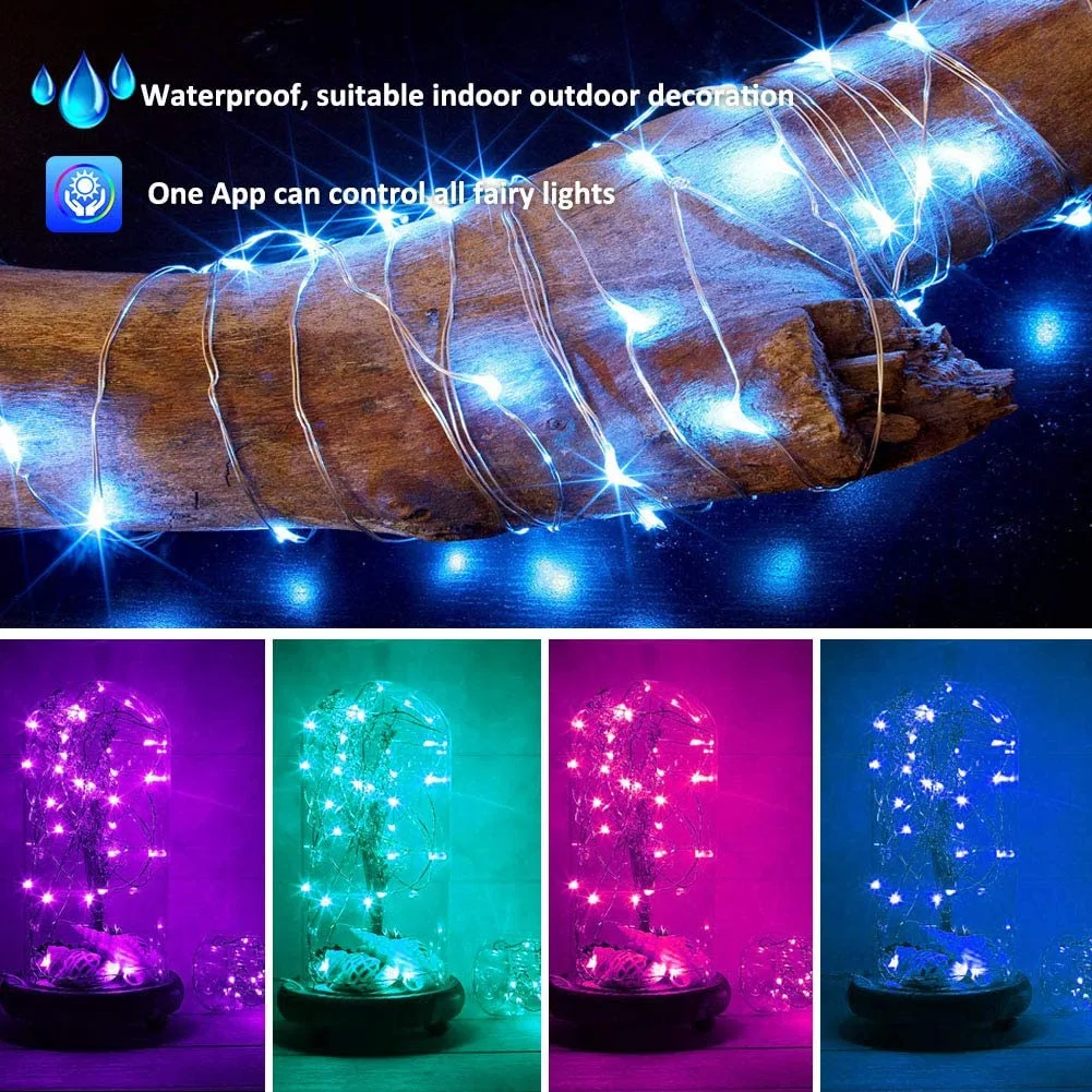 Cadena de luces LED con USB, lámpara de cadena de alambre de cobre con Control por aplicación Bluetooth, luces de hadas impermeables para exteriores, decoración de árbol de Navidad