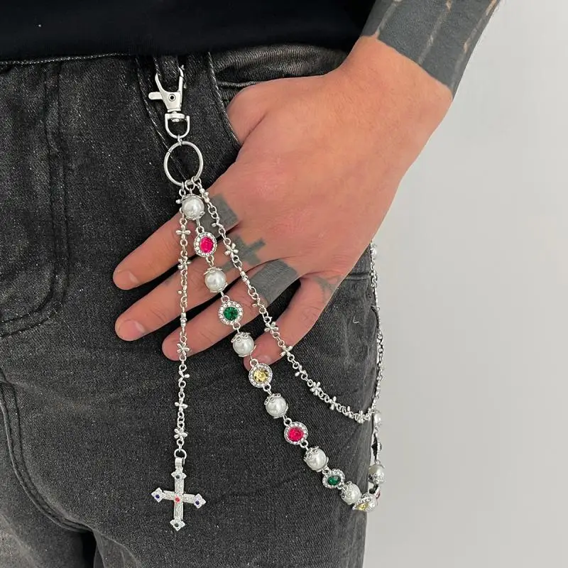 Punk Jeans Pants Chain Decor Multi Layer Chain Cross Charm Waist Wallet Chain Harajuku Belt For Hip Hop Dancers
