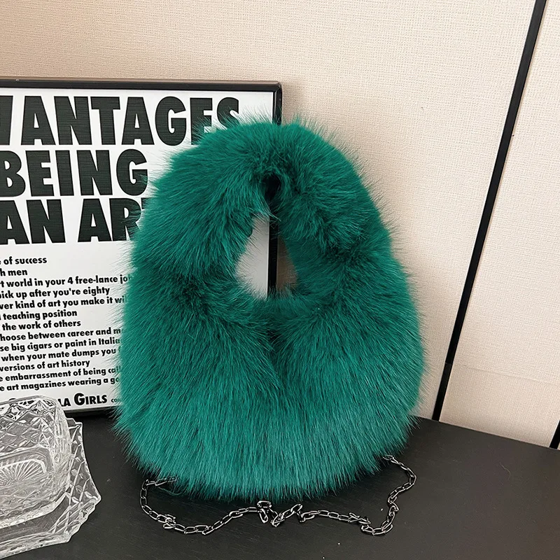 Fluffy Plush Women Handbags Luxury Round Faux Fur Chains Shoulder Crossbody Bags Warm Winter Hobo Female Bag Small Tote Purses