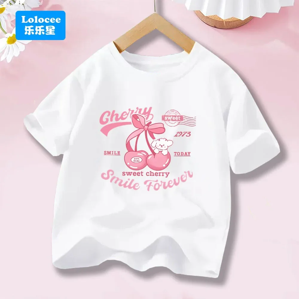 Modische Baumwoll-T-Shirts für Mädchen mit Kirschmuster, Kurzarm, süße Sommer-T-Shirts für Mädchen 3-14 Jahre YT01