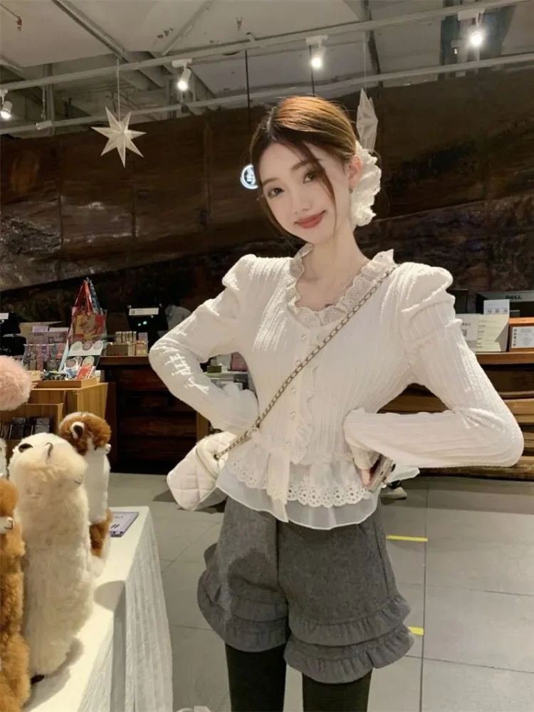 

Белая кружевная рубашка с v-образным вырезом и рюшами, женская весна 2025 года, облегающие короткие топы с длинными рукавами, милая нежная универсальная блузка Camisa
