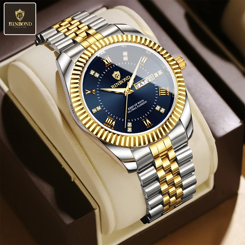 

BINBOND оригинальные квадратные часы для мужчин, мужские часы из нержавеющей стали с датой недели, светящиеся водонепроницаемые роскошные мужские кварцевые наручные часы