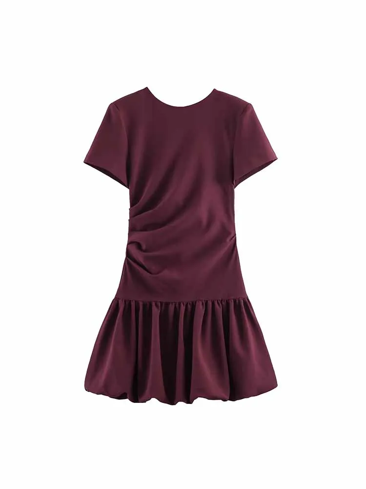 

HH New Woman Spring Fashion Short Sleeves Round Neck Balloon Version Short Dress Female Casual Solid Color Sweet Style Dress