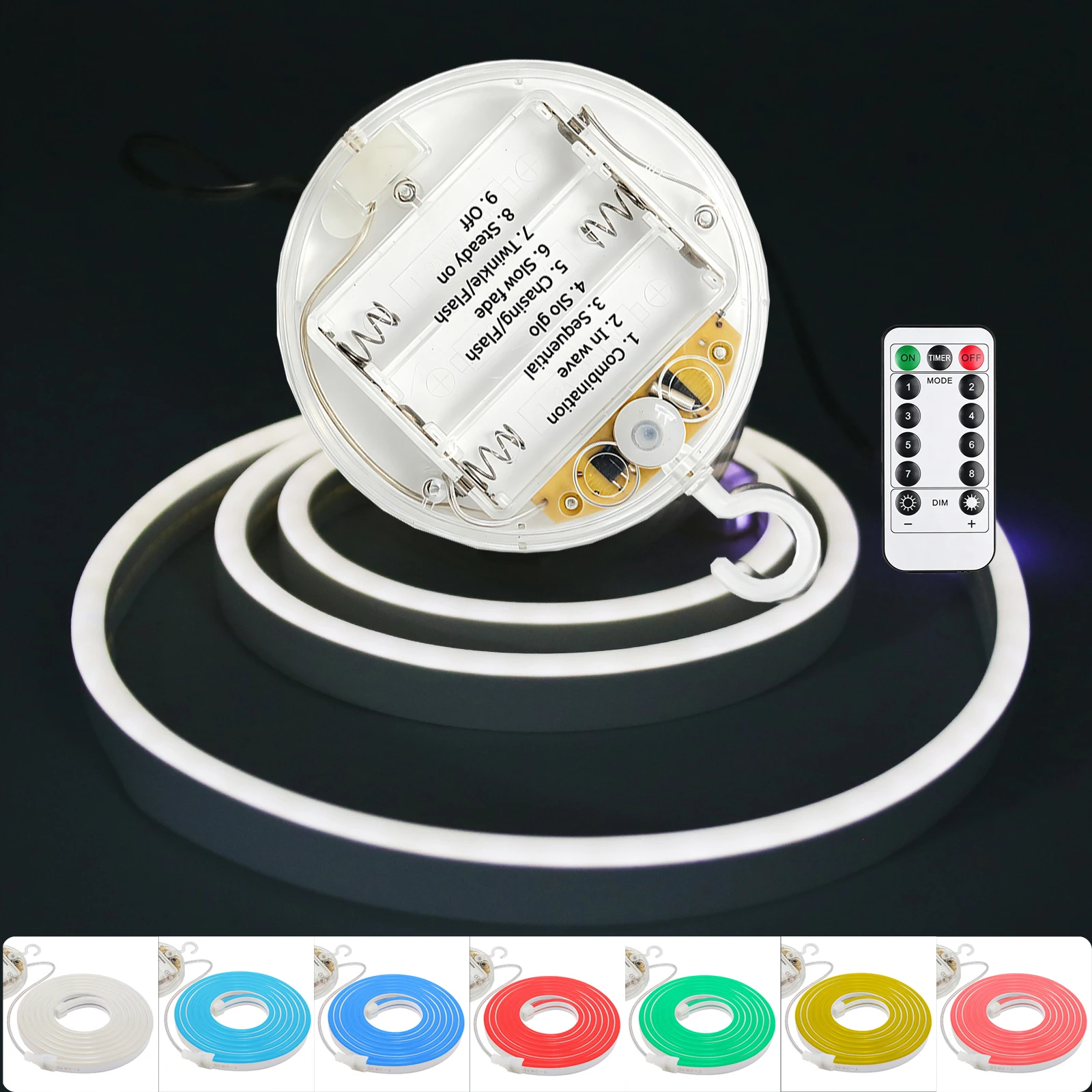 Battery Box Powered 5V Neon Strip Light 120LEDs/M Waterproof Flexible Neon Light 8 Lighting Modes White Red Blue Pink Home Decor