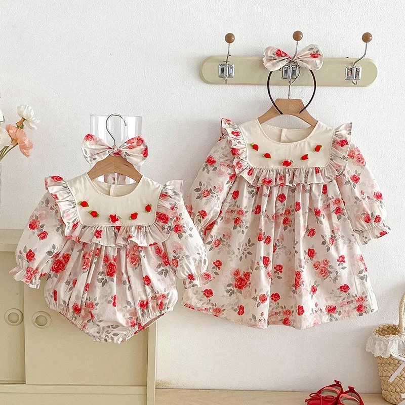 

Новое весеннее платье для девочек 2-7 лет, с длинным рукавом, из хлопка, с принтом, комбинированное, детское платье принцессы, комбинезон для малышек, платье для сестер