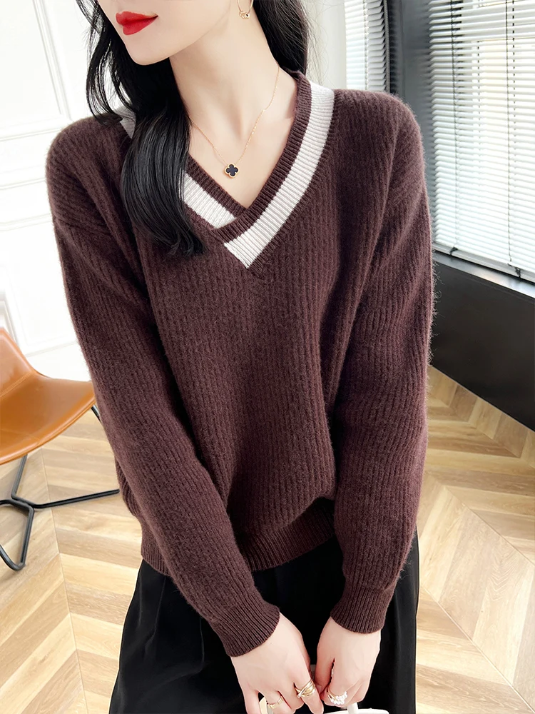 Women's Pullovers V-neck Cashmere Sweater Striped 100% Merino Wool Knitwear Autumn Winter Long Sleeve Casual Color Blocking Tops