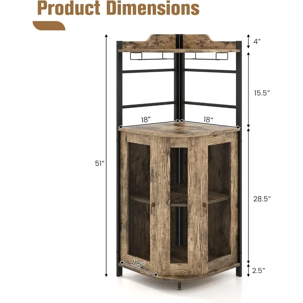 Bar Cabinet, Industrial Wine Cabinet with Metal Mesh Doors & Adjustable Shelf, Liquor Cabinet Rustic Brown