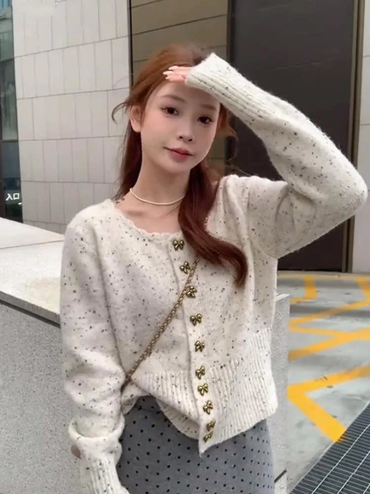 

Bow Button Knitted Cardigan for Women Loose Casual Single Breasted Long Sleeve Sweaters Sweet Tops Coats Autumn New