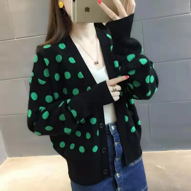 2023 autunno/inverno nuove donne a pois moda maglieria versione coreana maglione Slim Fit stile accademia cappotto Cardigan corto