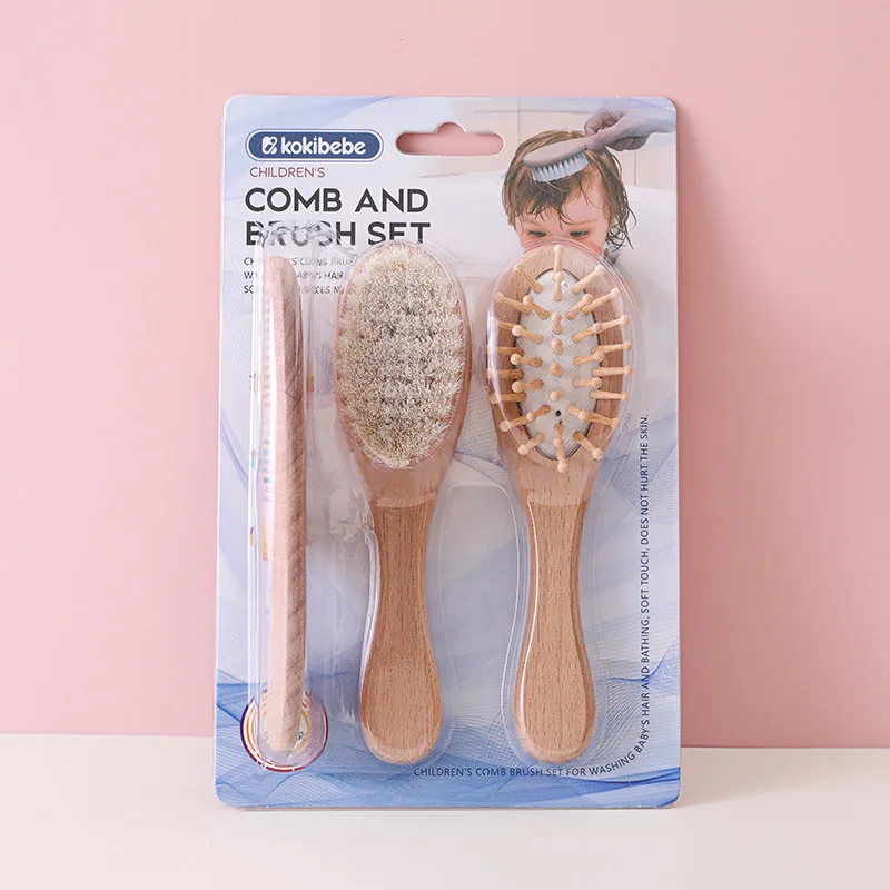 Hot Sale 2Pcs Baby Hair Brush & Comb Set, Natural Beech Wood Soft Wool Brush Newborn Scalp Massager Baby Shower Gift