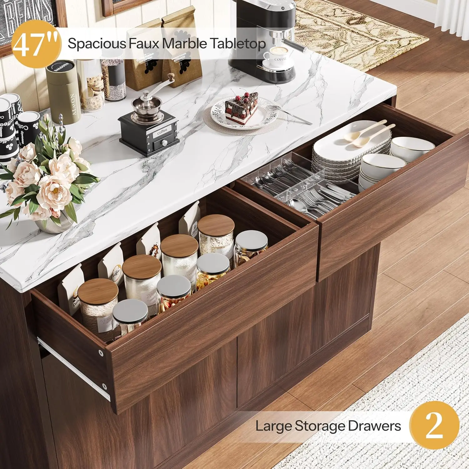 Kitchen Island with Storage, 47.2" Large Faux Marble Countertop Kitchen Island with 2 Drawers and Adjustable, Customized view 5