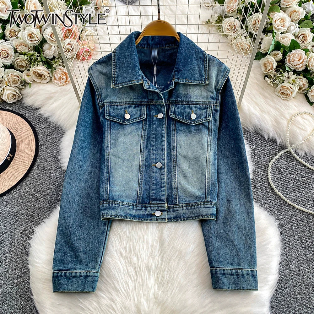 

TWOTWINSTYLE винтажные повседневные свободные однотонные джинсовые куртки для женщин с лацканами и длинными рукавами на пуговицах шикарная женская куртка KJA553393