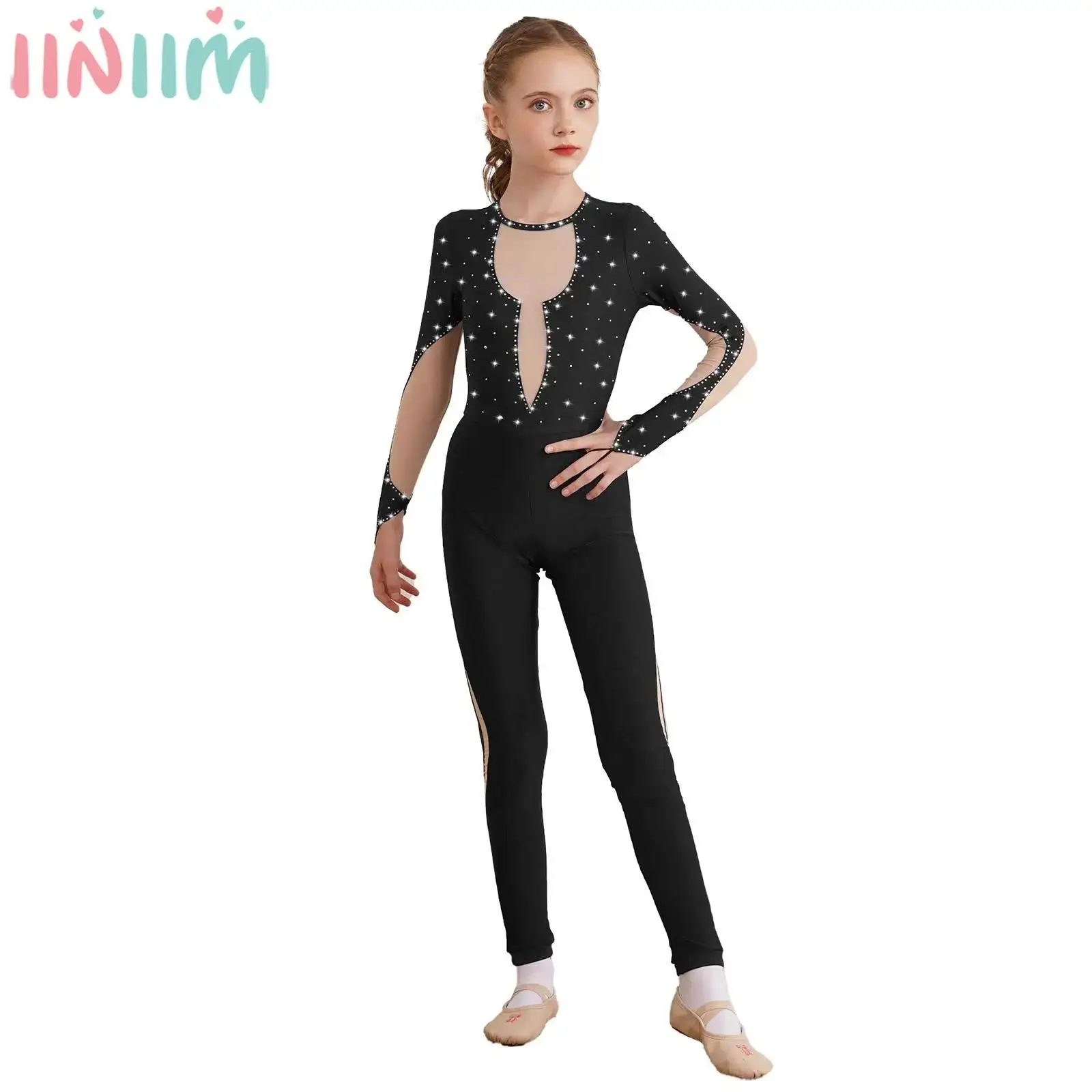 Kids Girls Figure Skating Jumpsuit Ballet Dance Gymnastics Acrobatics Yoga Leotard Long Sleeve Shiny Mesh Bodysuit Dancewear