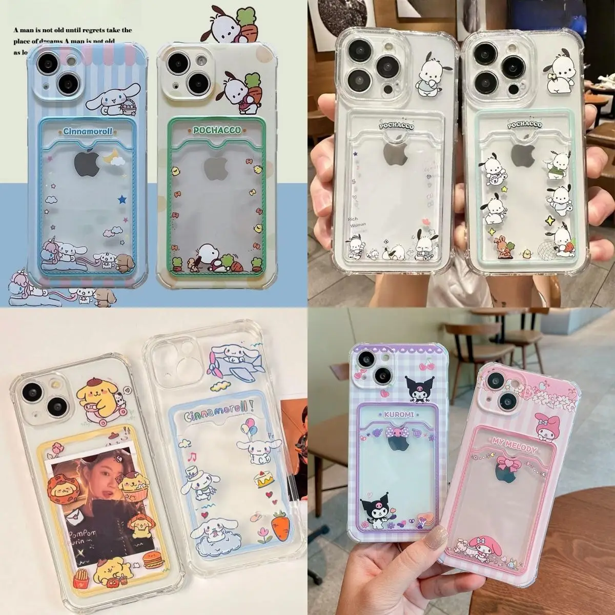 Kuromi Melody Pochacco Cinnamoroll Purin Wallet Card Holder Pocket Case For iPhone 16 15 14 13 12 11 Pro Max XS XR 7 8 Plus