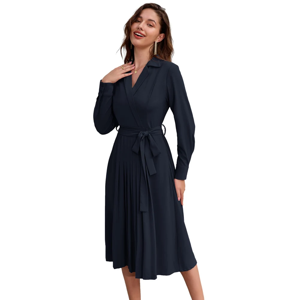 Grace Karin Women Lapel Collar Pleated Dress Long Sleeve V-Neck Flared A-Line Dress Thick Solid Elegant Winter Coat 2023 New