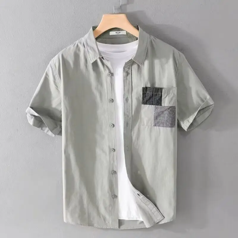 

Casual Ox Cloth ort Sve irt Men's Summer Thin Sle ket Patchwork Faionable Design Polyester Fiber Stand Fit