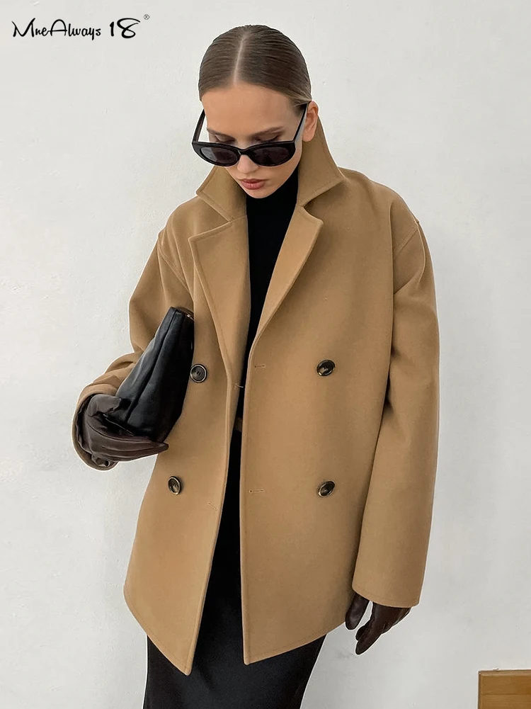 Mnealways18 Woolen Brown Office Jackets Ladies Double-Breasted Oversize Business Coats Elegant Women Long Sleeves Outerwear 2025