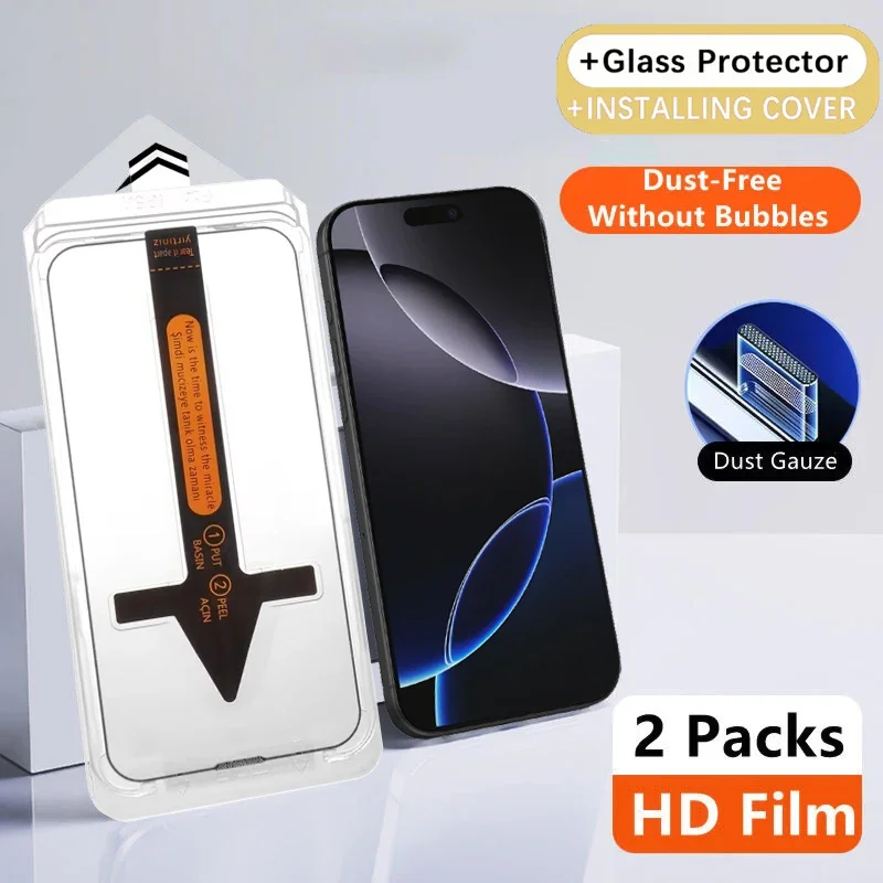 

1-2PCS Dust Free Auto Installation Glass For iPhone 16 16e 15 14 Plus 13 12 Pro Max Full Cover Tempered Glass Screen Protectors