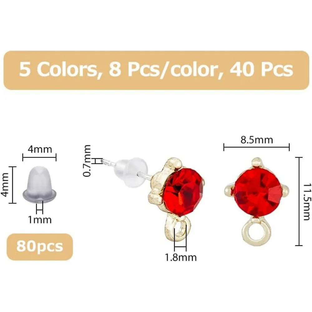 40Pcs 5 Colors Rhinestones Stud Earring Findings Alloy Stud Earring Findings with Glass Rhinestones Earrings Posts with Loop