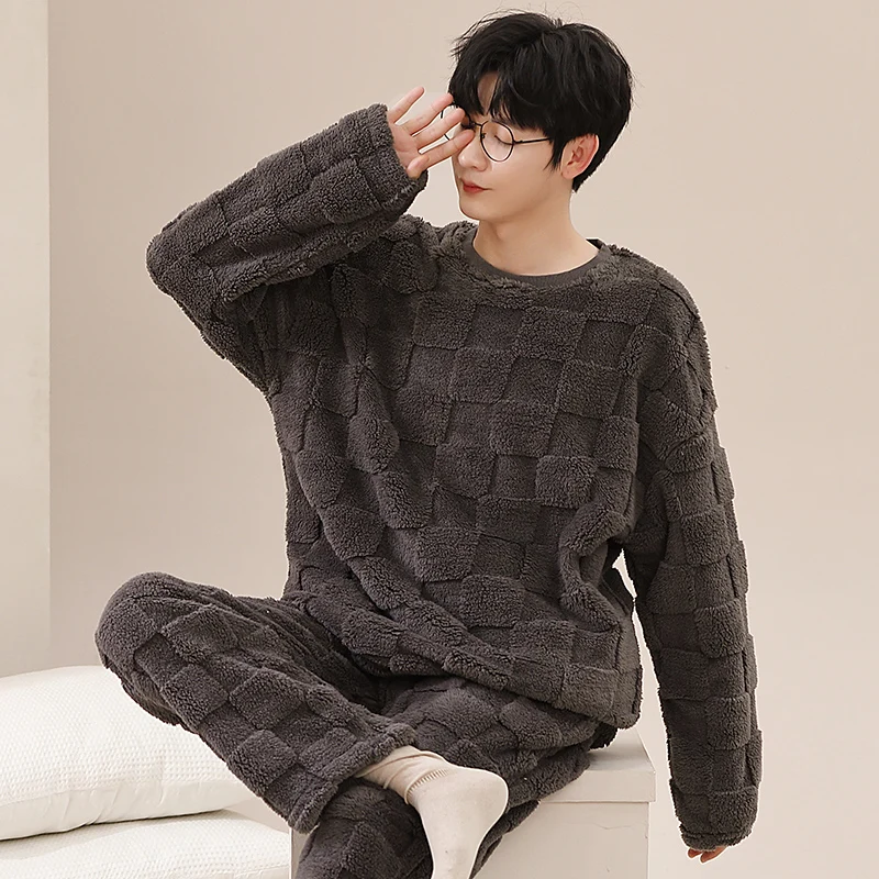 2 Pieces Set Winter Warm Homewear For Male 2024 New Fashion Nightwear Flannel Pajamas Set Young Men Casual Loungewear Dropship