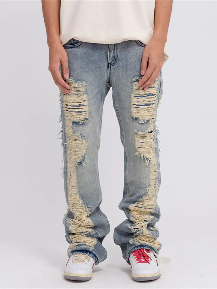 Distressed Jeans for Men Clothes Streetwear Men Ripped Cargo Jeans Men Clothing Damaged Flare Jeans