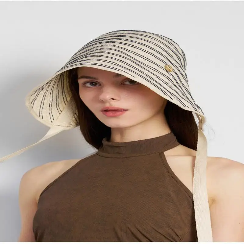 Atmungsaktive gestreifte Leinen-Sonnenschutzmütze mit verstellbarem Kinnband, UV-Schutz für Strandurlaub und Outdoor-Aktivitäten. – Detail 8