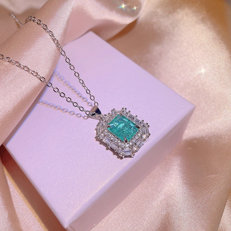 Classic Fashion 925 Silver Jewelry Set Emulates Paraiba Geometric Square Gem Necklace Light Luxury Birthday Anniversary Jewelry