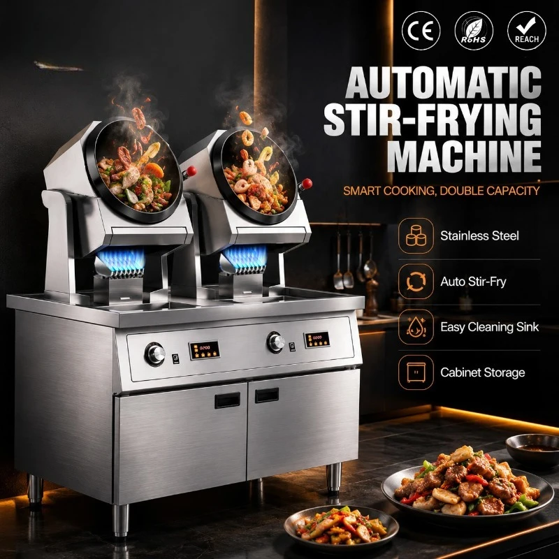 Automatic Food Processor Gas Commercial Cooking Machine Intelligent Rotary Stir Fry Wok Robot With Cabinet Base