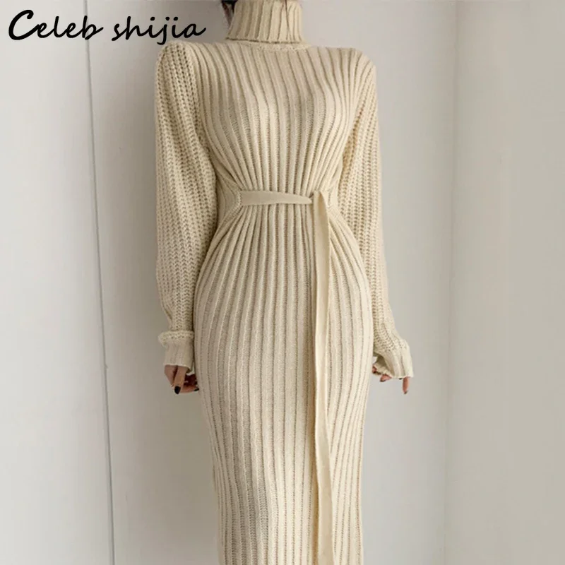 

Chic Apricot Turtleneck Knit Dress Women Winter Autumn Long-sleeve Sweater Dresses Korean Fashion Lace Up Wool Clothing