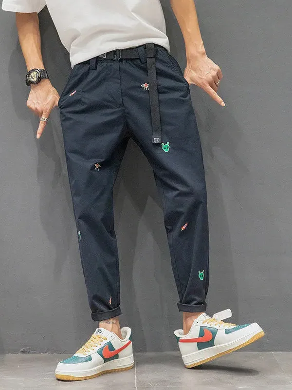 

Spring Summer New Men's Embroidered Loose Thin Casual Faion Korean Sle Nine Point Workwear Pants Breathable Youthful