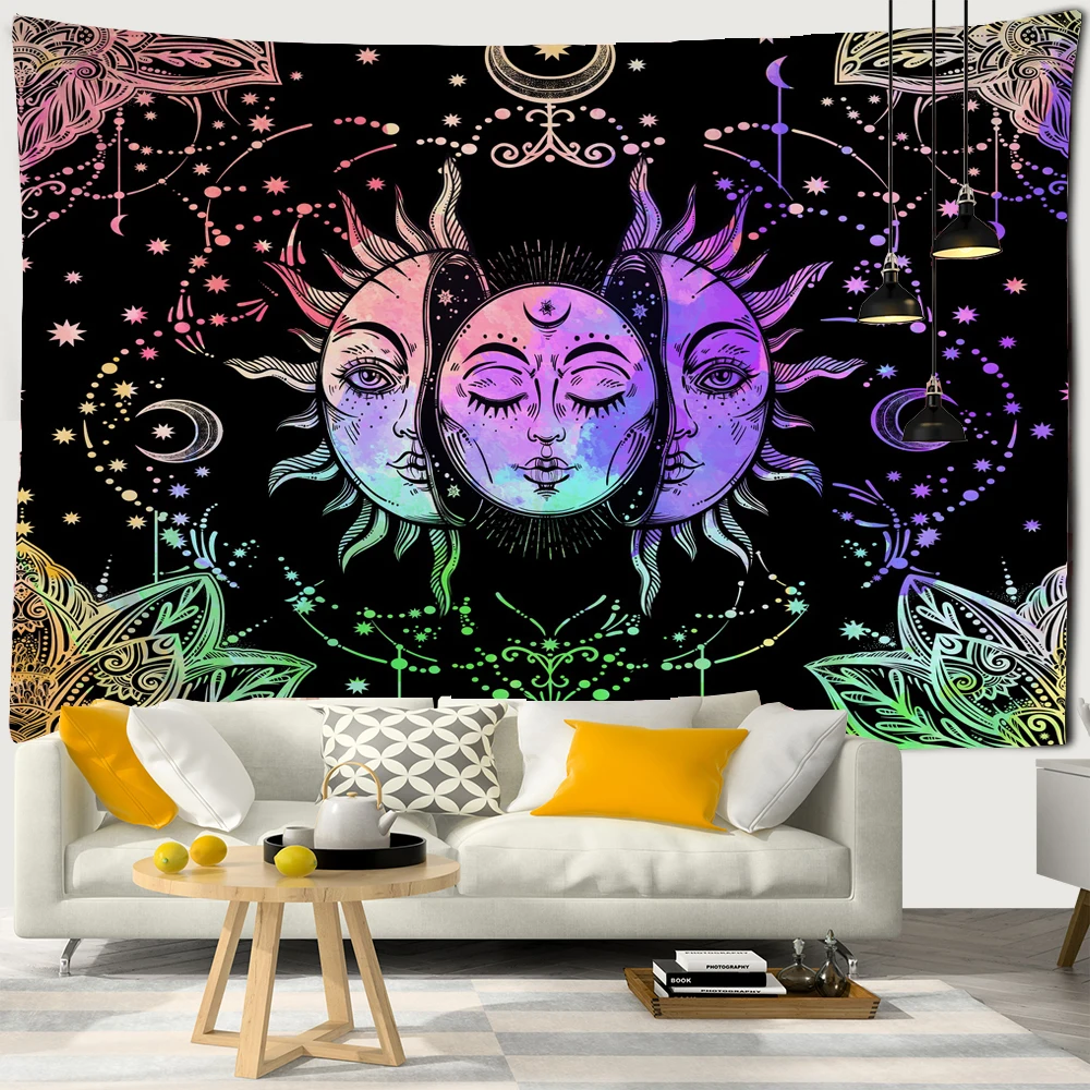 White Black Colorful Sun Moon Mandala Tapestry Wall Hanging Celestial Wall Tapestry Hippie Wall Carpets Dorm Decor Wall Tapestry