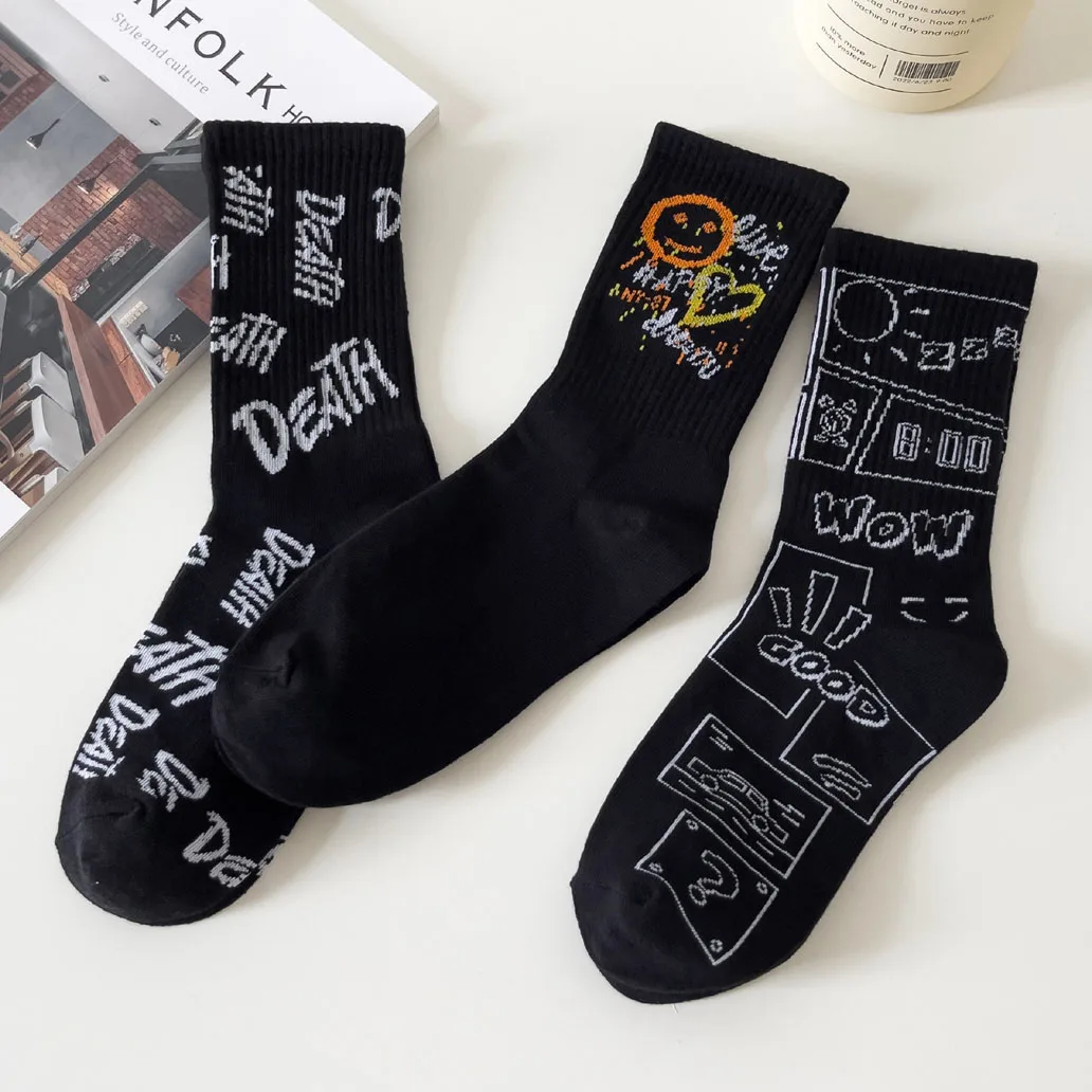 Women Socks Middle Tube Stockings Black Letters Leisure Breathable Cotton Socks Calcetines Skate Hip Hop Soft Ghostface Girls